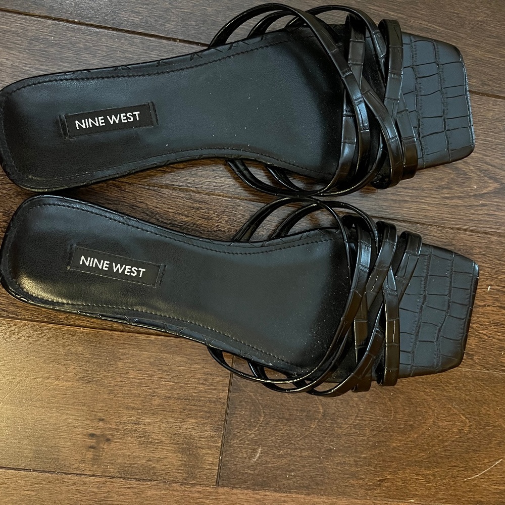 Nine West Black Strappy Square-Toe Slide Sandals